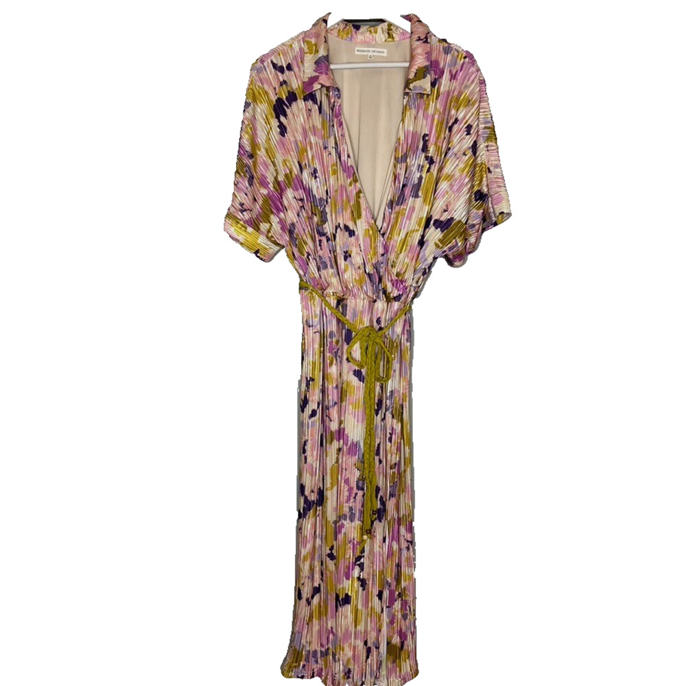Madison Hudson Dress‎ 3x Plus Pink Satin Floral Pleated Tie Belt Cottage Career